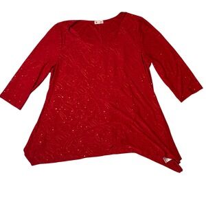 Blue Mood Womens 2X Red Sequin Floral Swirl Sharkbite Tunic Top 3/4 Sleeve